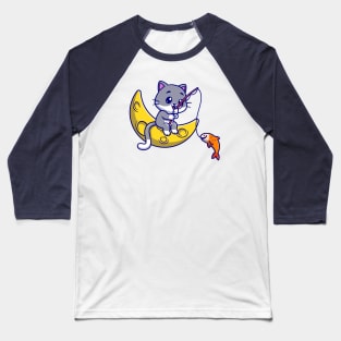 Cute Cat Fishing On Moon Cartoon Baseball T-Shirt